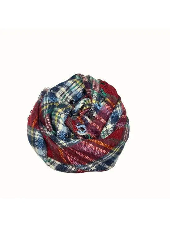 Plaid Fringe Scarf Red Multicolor Soft Warm Accessory (Mix & Match 3/$15) - Picture 4 of 7